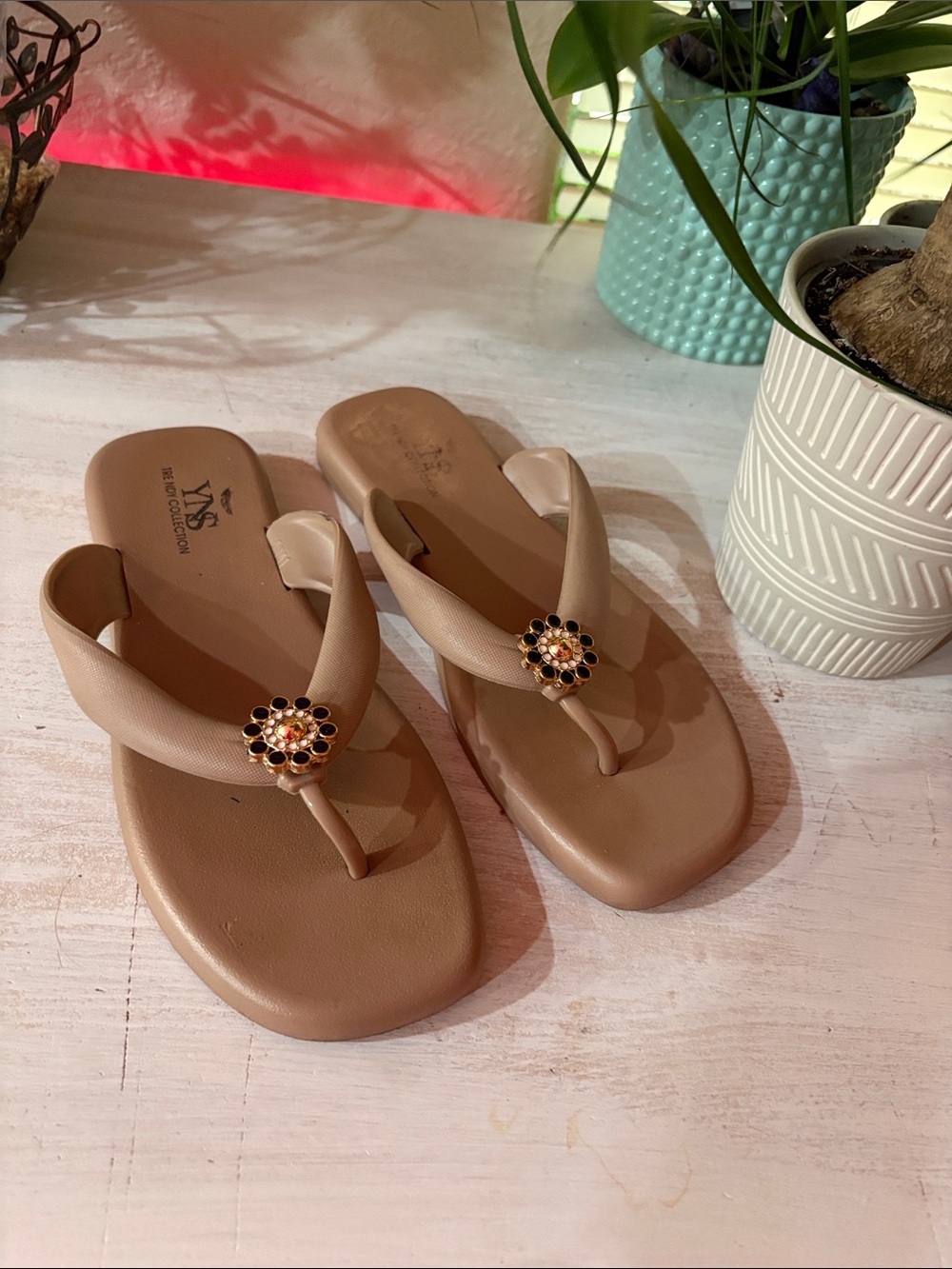 Signature Nude Floral-Embellished Thong Sandals